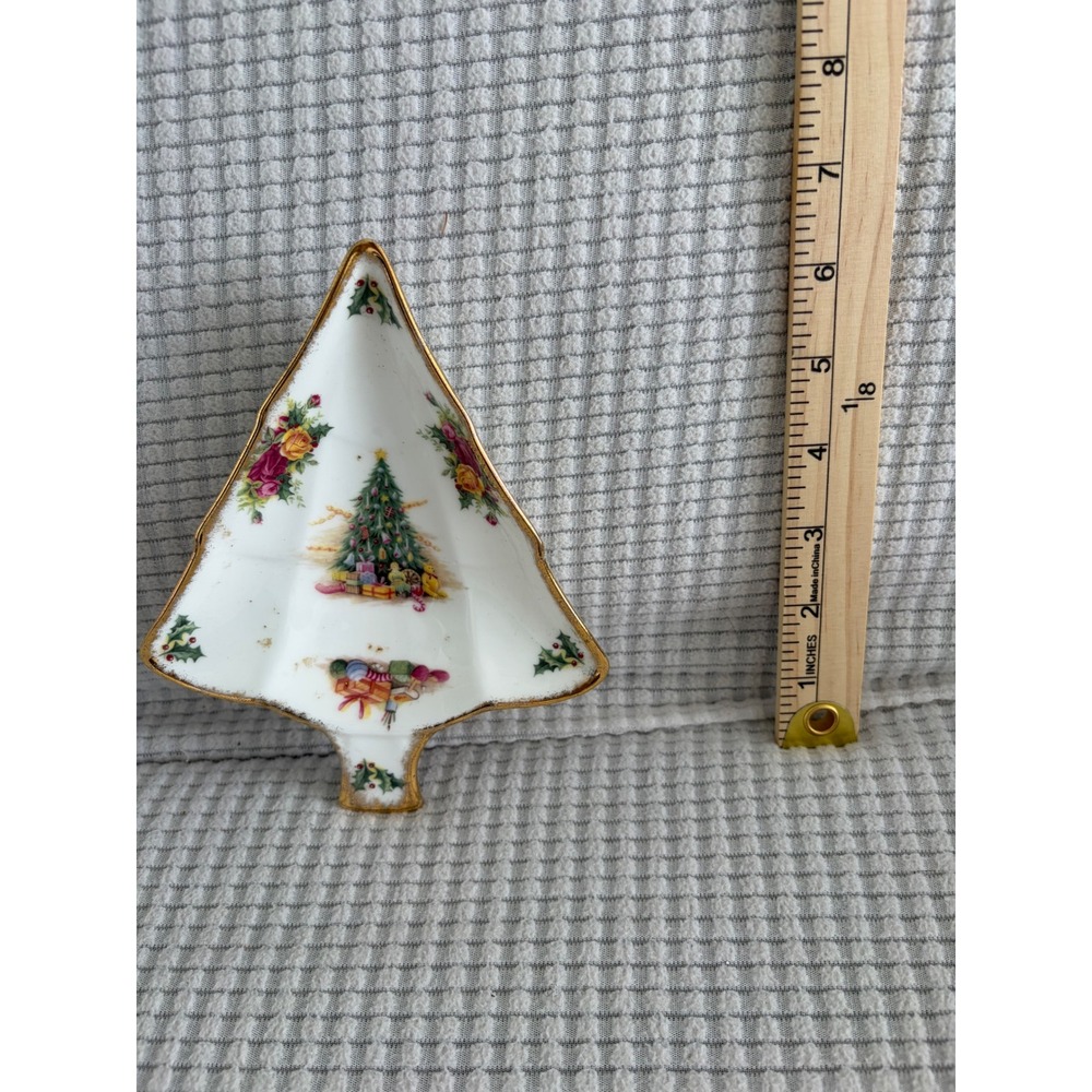 Royal Albert Christmas Magic Tree Shaped Trinket Dish England 1990 Gold Trim